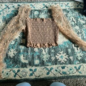 Polka Dot Mesh Poofy Sleeve brown top